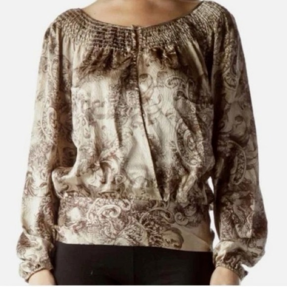 BCBG Max Azria Brown Beige L Baroque Print Long Sleeve Open Back Silk Blouse - Picture 1 of 12